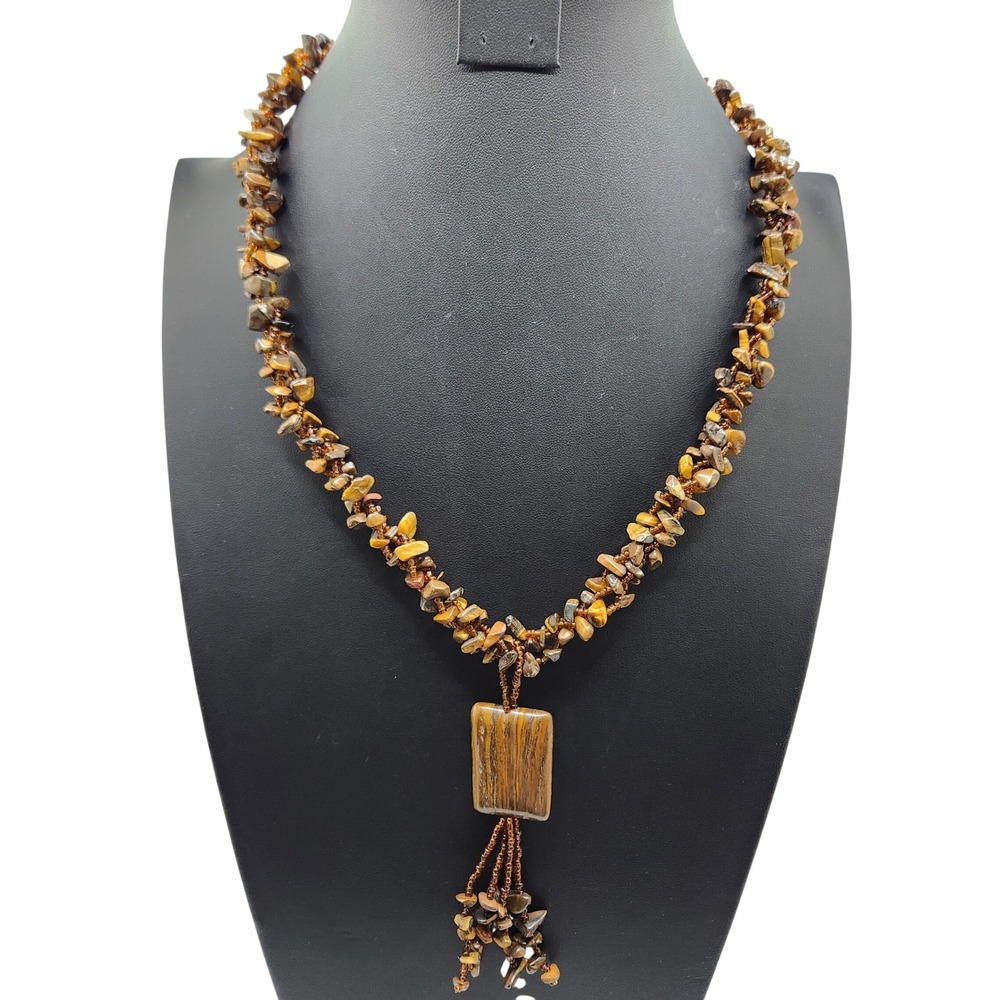 Tigers Eye Chip Bead Multi Strand Necklace Boho Earthy‎ Southwestern 22in